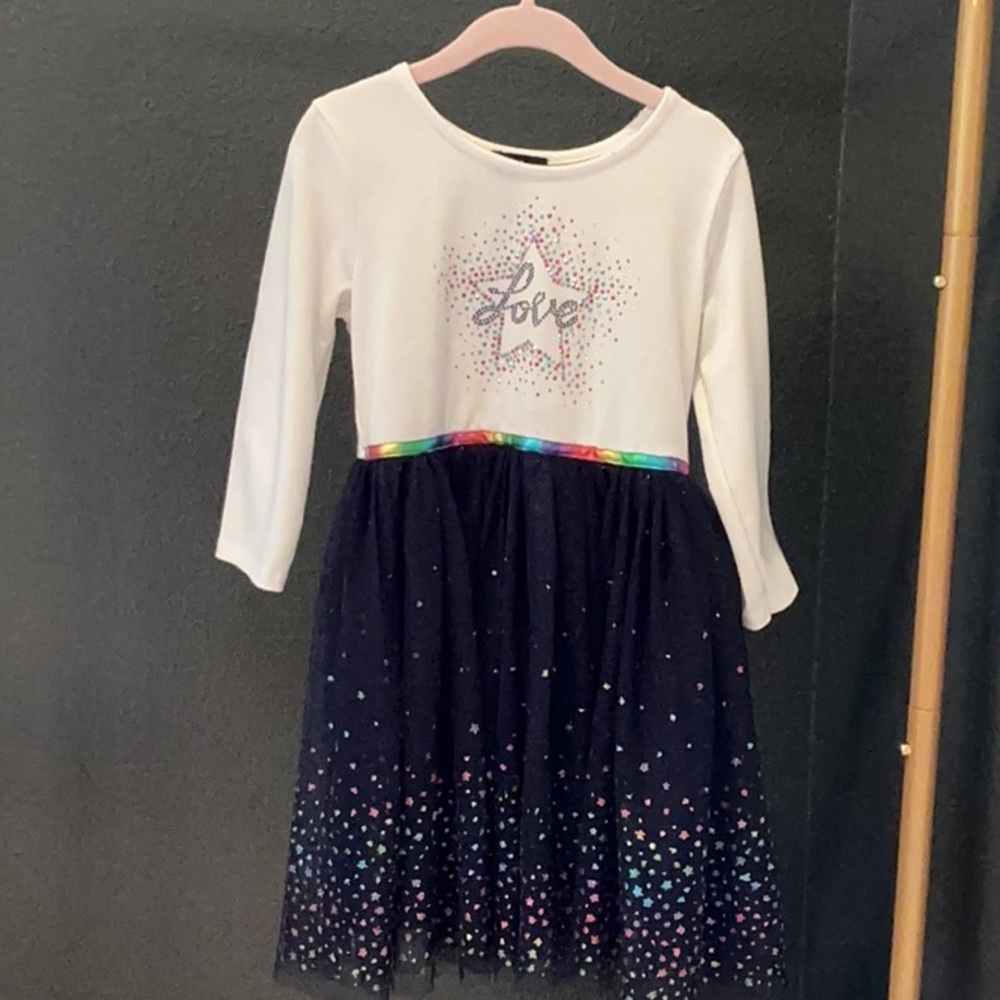 Tulle Kids Formal Dress - White and Navy with rainbow rhinestones and accentes